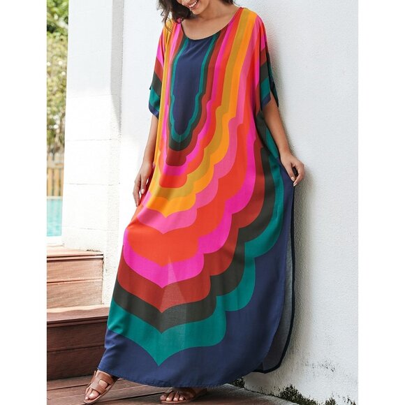🆕Women's A-Colored Geometry Kaftan Dress V Neck Swimsuit Cover-Up Loungewear - Picture 5 of 7